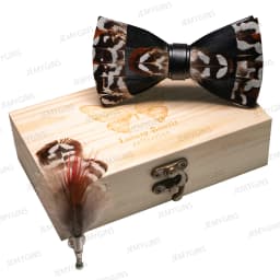 JEMYGINS Original New Design Bow Tie Natural Feather Exquisite Hand Made Men Luxury Bow Tie Wooden Gift Box Set Wedding Party
