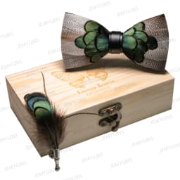 JEMYGINS Original New Design Bow Tie Natural Feather Exquisite Hand Made Men Luxury Bow Tie Wooden Gift Box Set Wedding Party