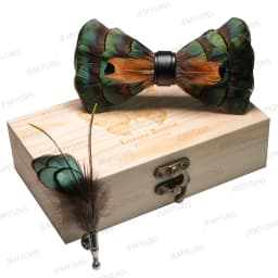 JEMYGINS Original New Design Bow Tie Natural Feather Exquisite Hand Made Men Luxury Bow Tie Wooden Gift Box Set Wedding Party