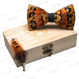 JEMYGINS Original New Design Bow Tie Natural Feather Exquisite Hand Made Men Luxury Bow Tie Wooden Gift Box Set Wedding Party