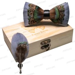 JEMYGINS Original New Design Bow Tie Natural Feather Exquisite Hand Made Men Luxury Bow Tie Wooden Gift Box Set Wedding Party