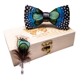 JEMYGINS Original New Design Bow Tie Natural Feather Exquisite Hand Made Men Luxury Bow Tie Wooden Gift Box Set Wedding Party