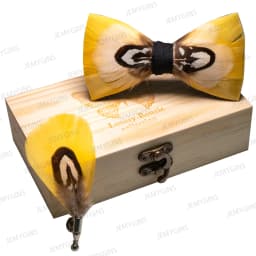 JEMYGINS Original New Design Bow Tie Natural Feather Exquisite Hand Made Men Luxury Bow Tie Wooden Gift Box Set Wedding Party