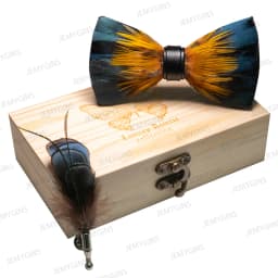 JEMYGINS Original New Design Bow Tie Natural Feather Exquisite Hand Made Men Luxury Bow Tie Wooden Gift Box Set Wedding Party