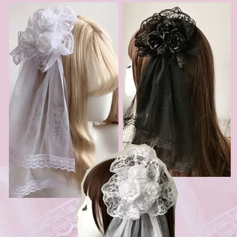 Japanese Lolita Hair Accessories Rose Hairpin Lace Veil Side Clip Lolita Veil