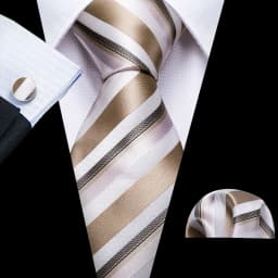Fashion Khaki Striped Men Silk Necktie Fahsion Tie Handkerchief Cufflinks Sets Male Wedding Business Gift Barry.Wang Stylish