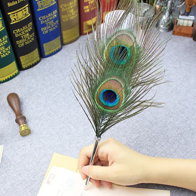 Black Ink Peacock Feather Quill Ballpoint Pen 1 Pack 5 Refills Wedding Gifts Stationery School Office Supplies