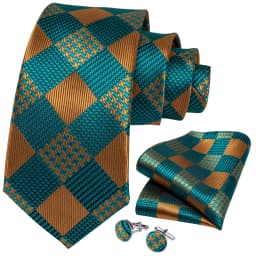 Teal Green Orange Plaid Ties For Men 8cm Width Business Wedding Party Men's Neck Tie Handkerchief Cufflinks Tie Ring Brooch