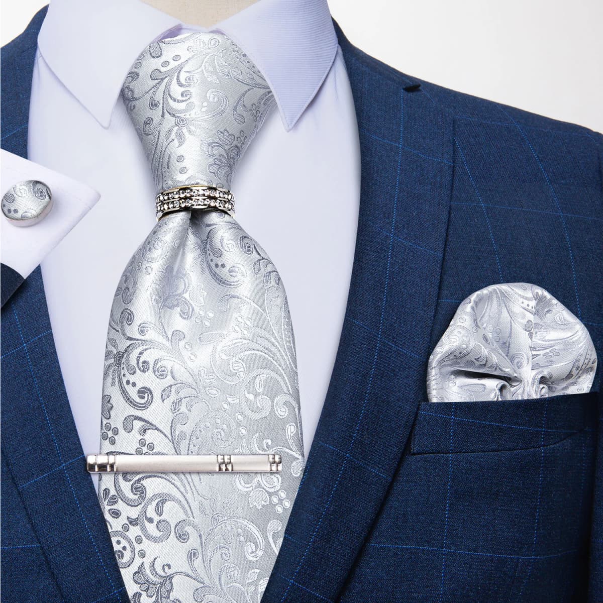 New Fashion Men's Ties Silver Floral 8cm Neck Tie Business Wedding Party Gravata Ting Ring Clip Cravat Gift For Men DiBanGu