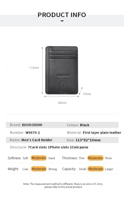 BISON DENIM Cow Leather Fashion Slim Minimalist Men Wallet Credit Card Holder RFID Blocking Leather Purse 11.3*8.2*1cm W9670-1BS