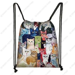 Lovely Animal Cat Pattern Women Drawstring Bag Cute Cartoon Cats Image Printed Storage Bag Canvas Fashion Traveling Backpack