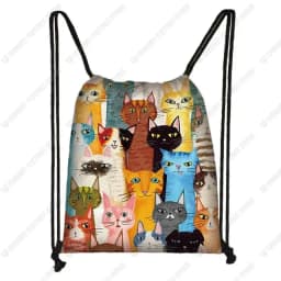 Lovely Animal Cat Pattern Women Drawstring Bag Cute Cartoon Cats Image Printed Storage Bag Canvas Fashion Traveling Backpack