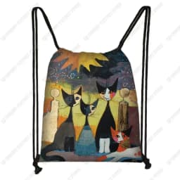 Lovely Animal Cat Pattern Women Drawstring Bag Cute Cartoon Cats Image Printed Storage Bag Canvas Fashion Traveling Backpack