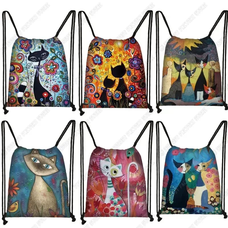 Lovely Animal Cat Pattern Women Drawstring Bag Cute Cartoon Cats Image Printed Storage Bag Canvas Fashion Traveling Backpack
