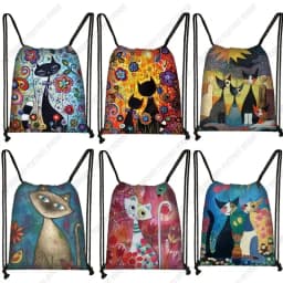Lovely Animal Cat Pattern Women Drawstring Bag Cute Cartoon Cats Image Printed Storage Bag Canvas Fashion Traveling Backpack
