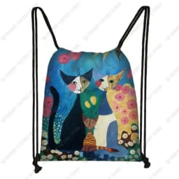 Lovely Animal Cat Pattern Women Drawstring Bag Cute Cartoon Cats Image Printed Storage Bag Canvas Fashion Traveling Backpack