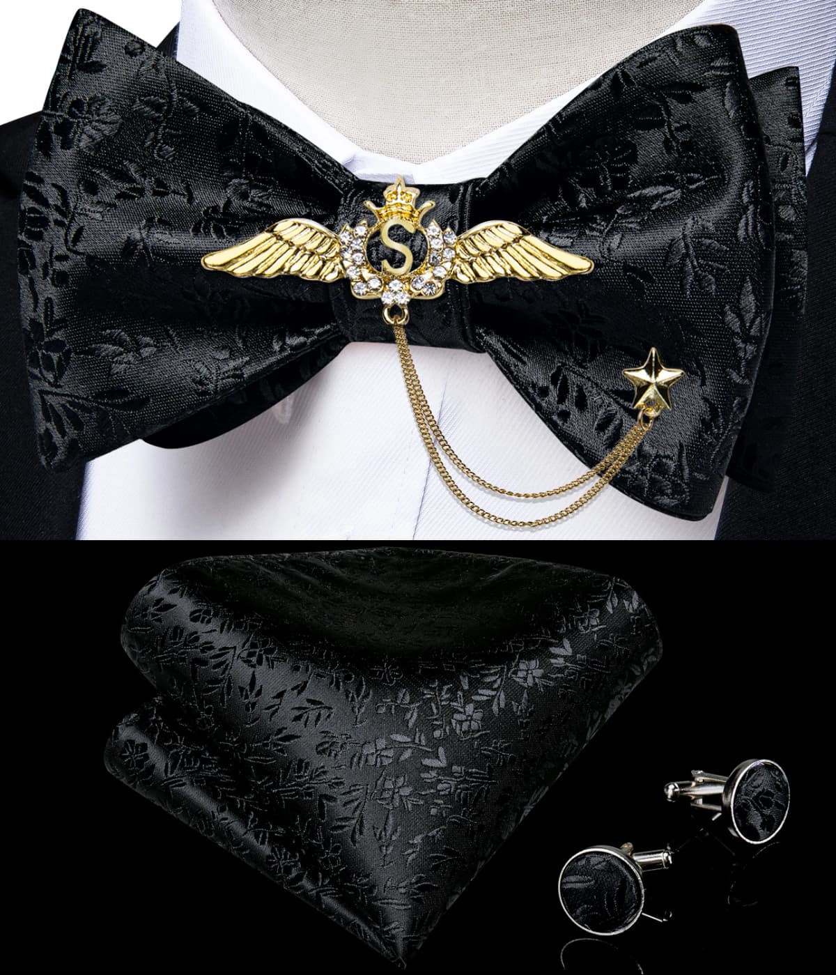 New Arrival Bow Ties For Men Bowties Cufflinks Handkerchief Set For Party Wedding Suit Accessories Man Tie Golden Brooch