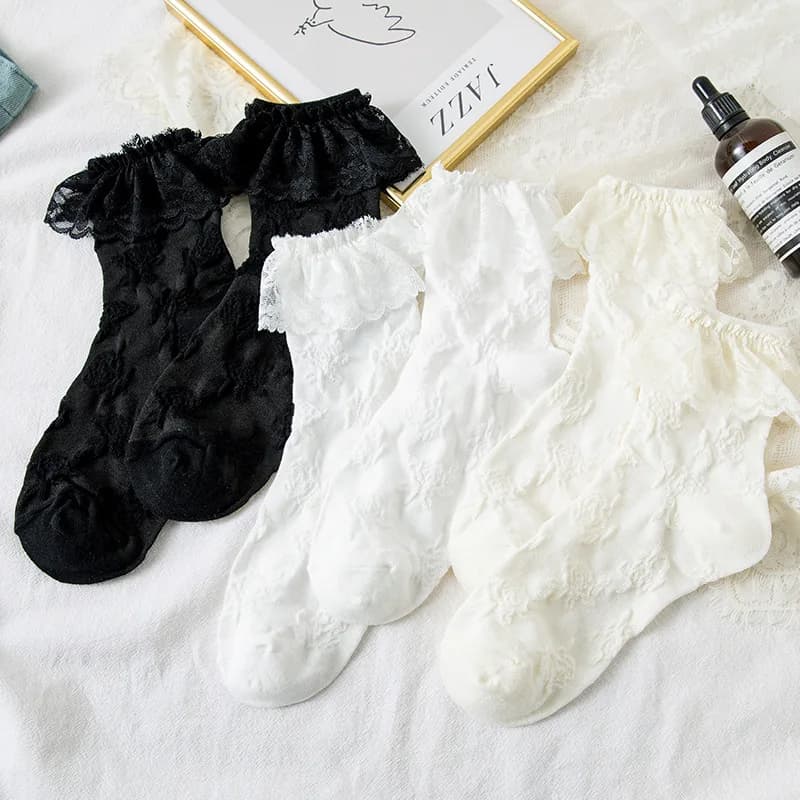 Woman Socks Lolita Style Black White Ruffle Socks Mesh Thin Lace Sweet Girls Japanese Fashion Lolita Cute Socks Calcetin Medias