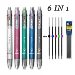 6 In 1 Multifunction Ballpoint Pen 5color Ballpoint Pen 0.5mm Automatic Pencil Top Rubber Student Writing School Office Supplies