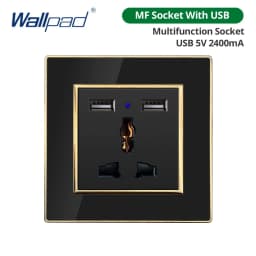 Wallpad Wall Black Acrylic Panel With Gold Border UK US Sockets And Switches 220V 1/2/3/4 Gang 1 2 3 Way Momentary Contact