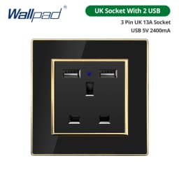 Wallpad Wall Black Acrylic Panel With Gold Border UK US Sockets And Switches 220V 1/2/3/4 Gang 1 2 3 Way Momentary Contact