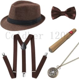 Free Ship Halloween 1920s Mens Gatsby Gangster Accessories Set Panama Hat Suspender Bow Tie 20s Great Gatsby Cosplay Accessories
