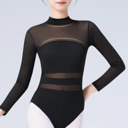 Black White Ballet Leotards For Women Long Sleeve Mesh Splice Adult Ballet Dance Wear Gymnastics Leotard Bodysuit