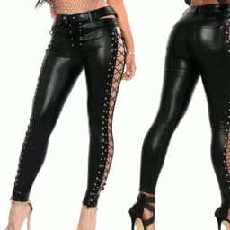 Womens Wet Look High Street Sexy Clubwear Moto Punk Leather Side Lace up Leggings Stretchy Skinny Pants Long Trousers