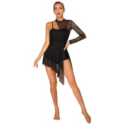 Womens Lyrical Dance Dress One Shoulder Long Sleeve Sheer Lace Ballet Gymnastics Leotard Dresses Modern Contemporary Dancewear