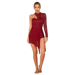 Womens Lyrical Dance Dress One Shoulder Long Sleeve Sheer Lace Ballet Gymnastics Leotard Dresses Modern Contemporary Dancewear
