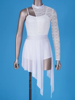 Womens Lyrical Dance Dress One Shoulder Long Sleeve Sheer Lace Ballet Gymnastics Leotard Dresses Modern Contemporary Dancewear