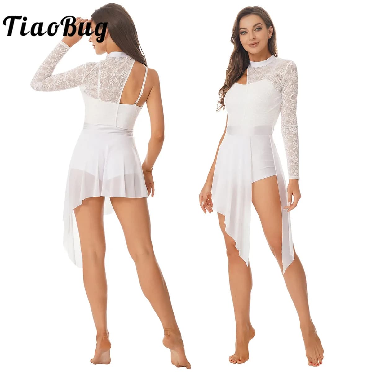 Womens Lyrical Dance Dress One Shoulder Long Sleeve Sheer Lace Ballet Gymnastics Leotard Dresses Modern Contemporary Dancewear