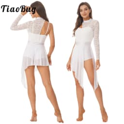 Womens Lyrical Dance Dress One Shoulder Long Sleeve Sheer Lace Ballet Gymnastics Leotard Dresses Modern Contemporary Dancewear