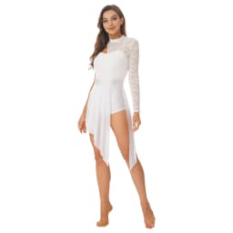 Womens Lyrical Dance Dress One Shoulder Long Sleeve Sheer Lace Ballet Gymnastics Leotard Dresses Modern Contemporary Dancewear