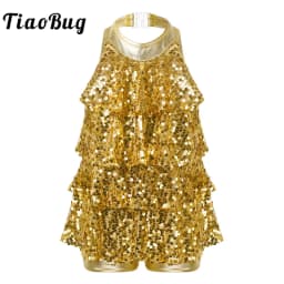 Kids Halter Shiny Sequins Gymnastics Shorty Unitards Dress Girls Ballet Leotard Stage Performance Latin Jazz Dance Costume