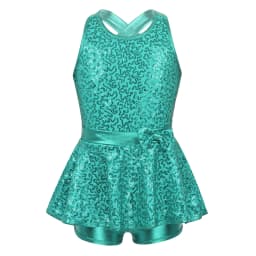 Kids Halter Shiny Sequins Gymnastics Shorty Unitards Dress Girls Ballet Leotard Stage Performance Latin Jazz Dance Costume