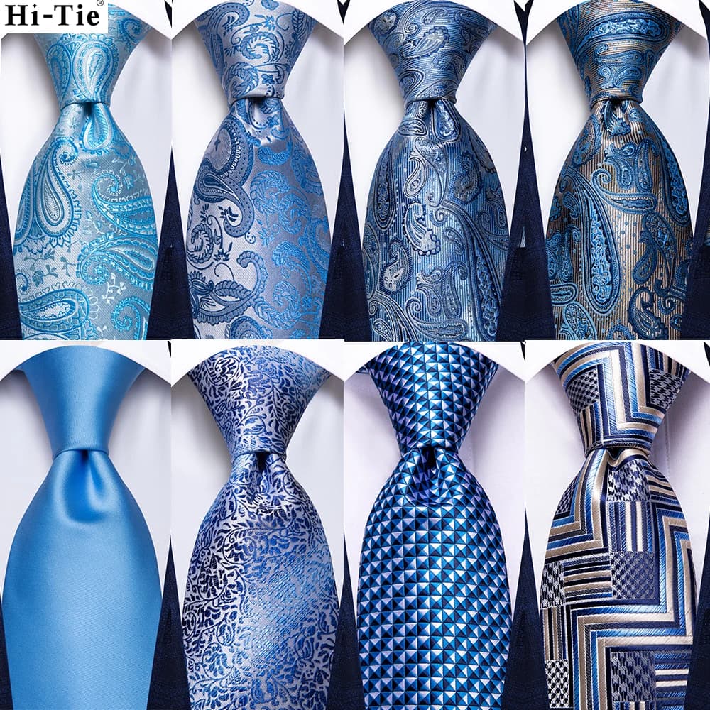 Hi-Tie Light Blue Striped Novelty Silk Wedding Tie For Men Handky Cufflinks Nicktie Set Fashion Design Business Party Dropship