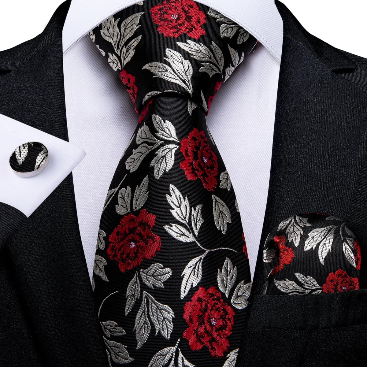 Black Red Rose Floral Ties For Men 8cm Men's Neck Tie Handkerchief Cufflinks Set Business Wedding Tie Gift For Men DiBanGu