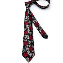 Black Red Rose Floral Ties For Men 8cm Men's Neck Tie Handkerchief Cufflinks Set Business Wedding Tie Gift For Men DiBanGu