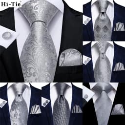 Hi-Tie Luxury Silver Novelty Men Tie Gravata Wedding Necktie For Men Hanky Cufflink Set Fashion Design BusinessDropshipping