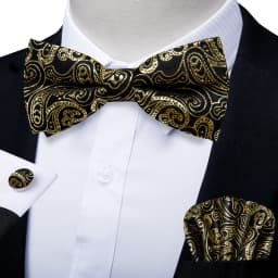 Classic Black Men Bow Ties Bowties Butterfly Pocket Square Cufflinks Set Suit Paisley Gold Pre-Tied Bow Tie