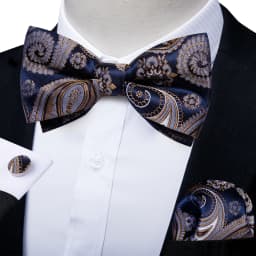 Classic Black Men Bow Ties Bowties Butterfly Pocket Square Cufflinks Set Suit Paisley Gold Pre-Tied Bow Tie