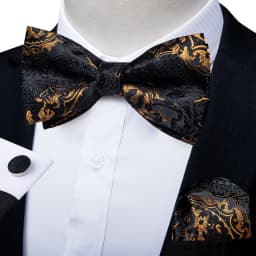 Classic Black Men Bow Ties Bowties Butterfly Pocket Square Cufflinks Set Suit Paisley Gold Pre-Tied Bow Tie