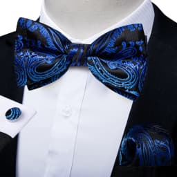 Classic Black Men Bow Ties Bowties Butterfly Pocket Square Cufflinks Set Suit Paisley Gold Pre-Tied Bow Tie