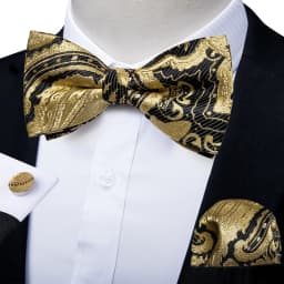 Classic Black Men Bow Ties Bowties Butterfly Pocket Square Cufflinks Set Suit Paisley Gold Pre-Tied Bow Tie