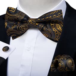 Classic Black Men Bow Ties Bowties Butterfly Pocket Square Cufflinks Set Suit Paisley Gold Pre-Tied Bow Tie