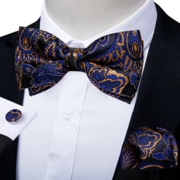 Classic Black Men Bow Ties Bowties Butterfly Pocket Square Cufflinks Set Suit Paisley Gold Pre-Tied Bow Tie