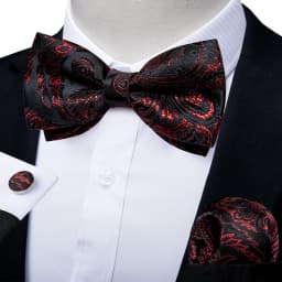 Classic Black Men Bow Ties Bowties Butterfly Pocket Square Cufflinks Set Suit Paisley Gold Pre-Tied Bow Tie