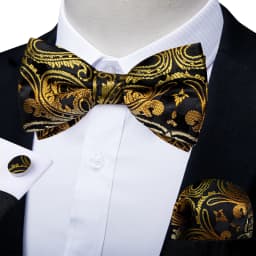 Classic Black Men Bow Ties Bowties Butterfly Pocket Square Cufflinks Set Suit Paisley Gold Pre-Tied Bow Tie