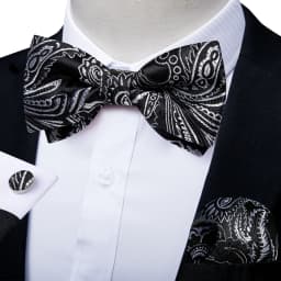 Classic Black Men Bow Ties Bowties Butterfly Pocket Square Cufflinks Set Suit Paisley Gold Pre-Tied Bow Tie